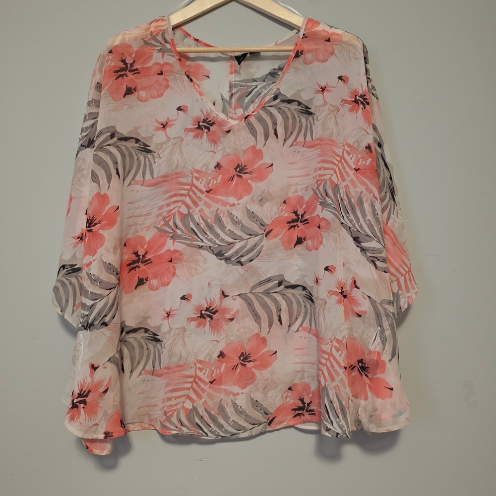 Jessica Image Tropical Floral Palm Sheer Chiffon V-Neck Poncho Top Pink Size 2X